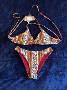 Floral and Burgundy Reversible Bikini Set